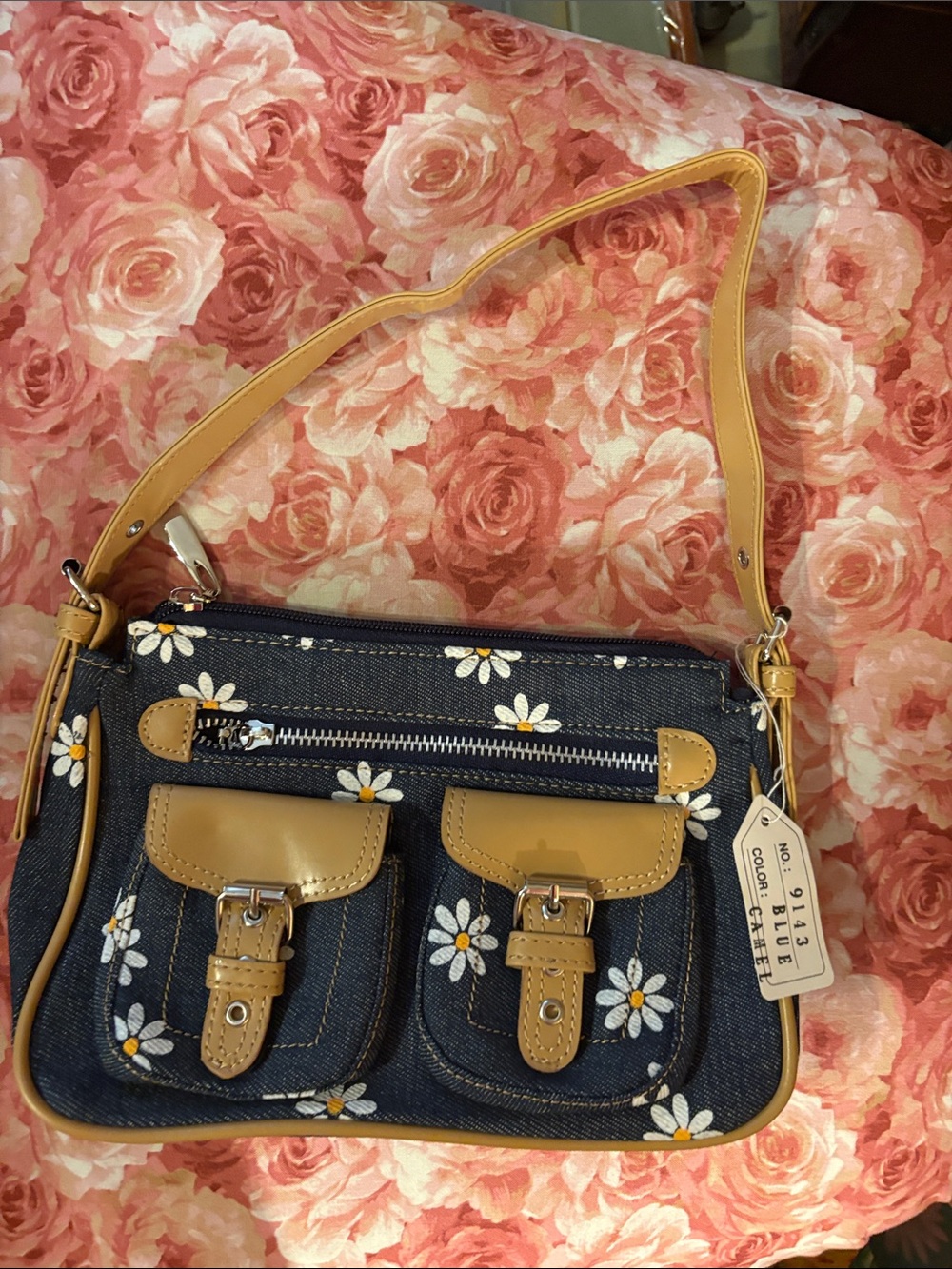 Women’s Navy Daisy Denim Shoulder Bag with Tan Trim